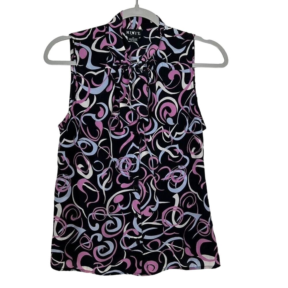Mixit Women's Sz 8 Mod silk sleeveless button up bow collar tie office blouse